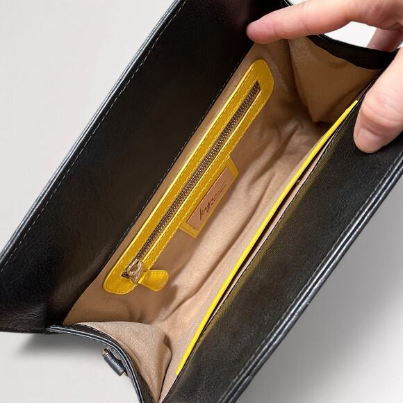 Kyu By Kesi Black Yellow Leather Crossbody Bag Faux Fur Snakeskin Clutch Purse - Picture 7 of 11